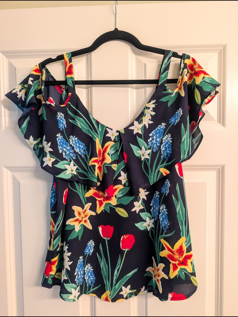 Navy Floral Ruffle Cold-Shoulder Blouse